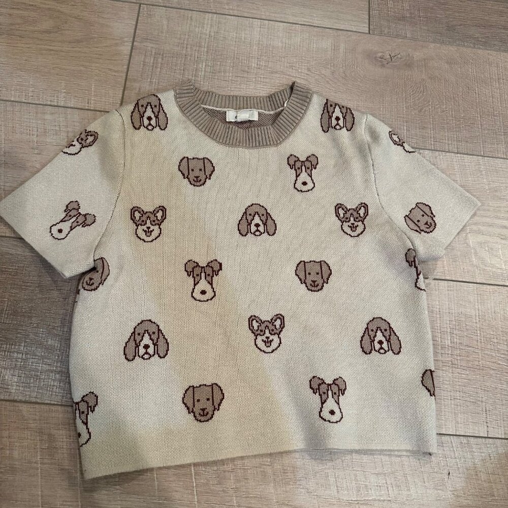 DEBUT GIRLS CROPPED SWEATER DOGS TAN MEDIUM 10/12